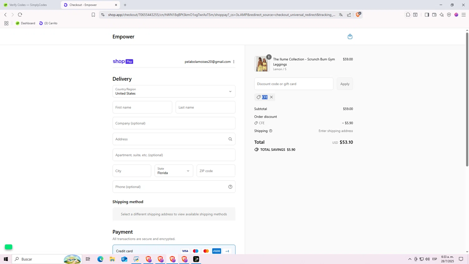 Elena Apparel promo code screenshot showing code CFE applied at Elena Apparel checkout page. Uploaded by SimplyCodes community member NARUTO_UZUMAKIsx on Jul 28, 2025