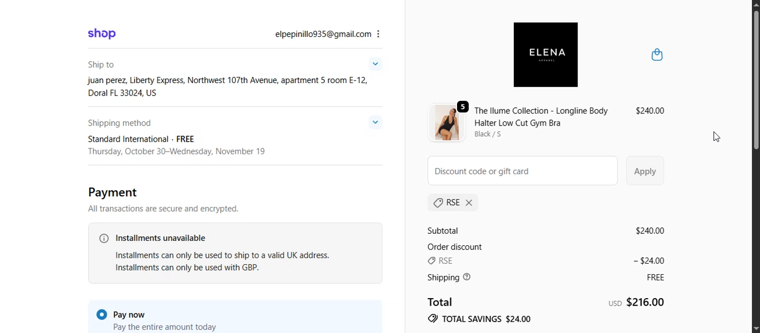 Elena Apparel checkout page showing Elena Apparel promo code box | Screenshot taken by SimplyCodes community member on Oct 23, 2025