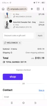 WELCOME20 coupon verification screenshot