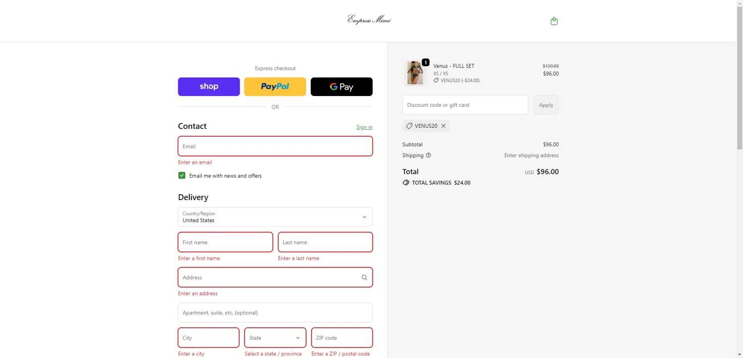 Empress Mimi Lingerie promo code screenshot showing code VENUS20 applied at Empress Mimi Lingerie checkout page. Uploaded by SimplyCodes community member ValiantAce1810 on Dec 17, 2025