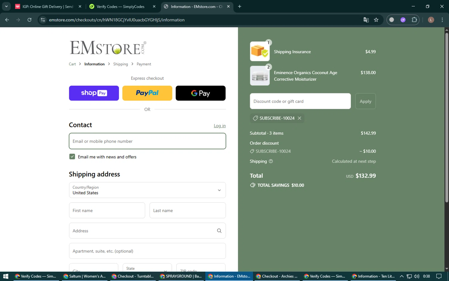 EMstore.com coupon code screenshot showing code SUBSCRIBE-10024 applied at EMstore.com checkout page. Uploaded by SimplyCodes community member BrilliantTiger9986 on Jul 28, 2025