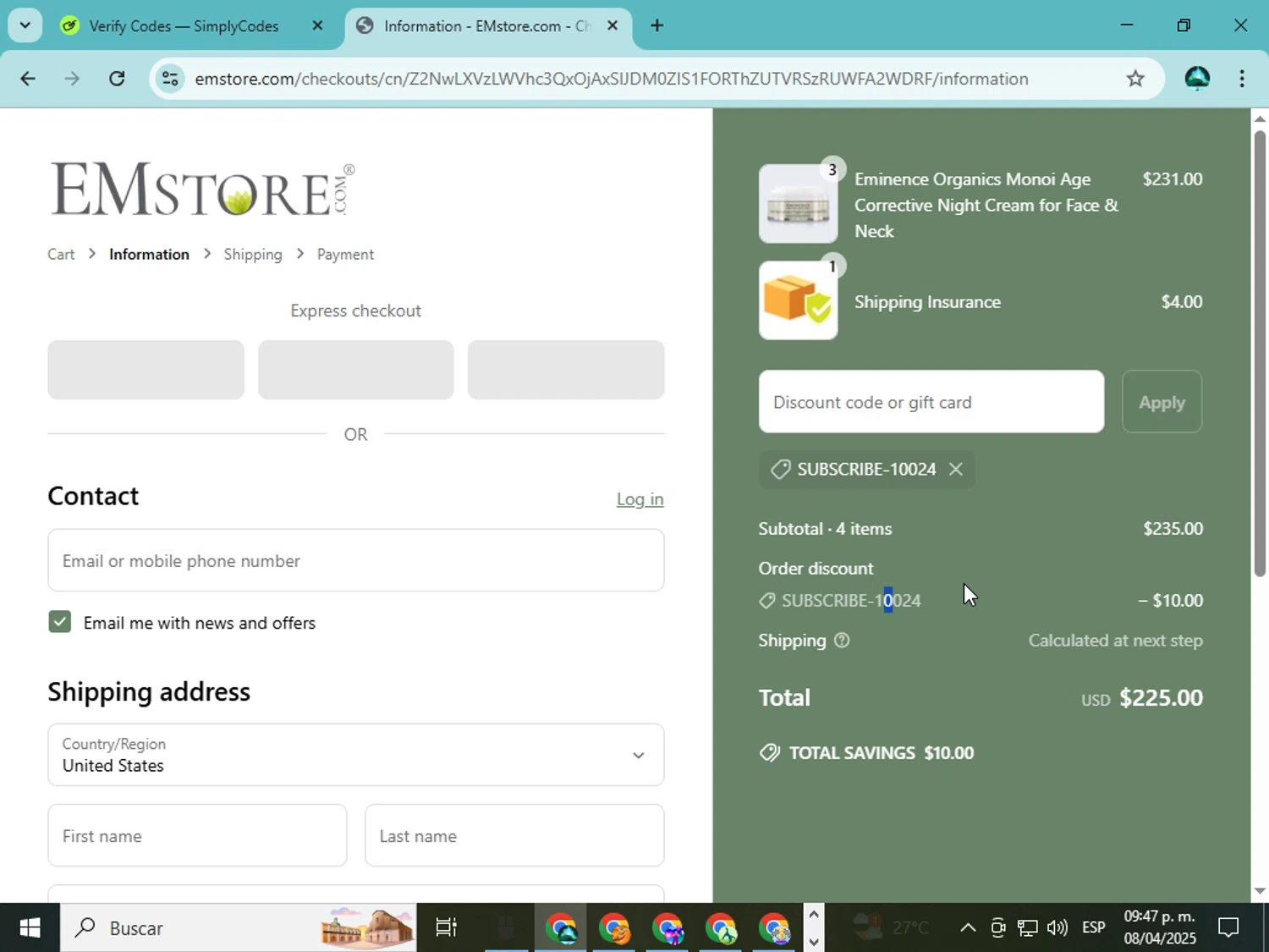 EMstore.com coupon code screenshot showing code SUBSCRIBE-10024 applied at EMstore.com checkout page. Uploaded by SimplyCodes community member ingri85 on Apr 9, 2025