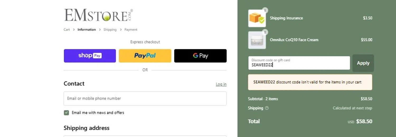 EMstore.com coupon code screenshot showing code SEAWEED22 applied at EMstore.com checkout page. Uploaded by SimplyCodes community member Olorinnnnn on Feb 19, 2025