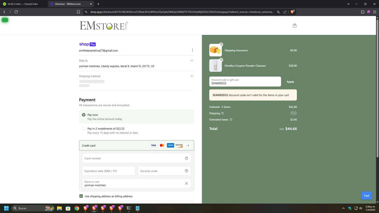 EMstore.com coupon code screenshot showing code SEAWEED22 applied at EMstore.com checkout page. Uploaded by SimplyCodes community member 000000ooooooooooo on Apr 7, 2025