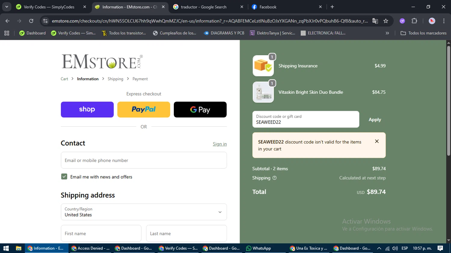 EMstore.com coupon code screenshot showing code SEAWEED22 applied at EMstore.com checkout page. Uploaded by SimplyCodes community member WonderGenius7678 on Nov 19, 2025