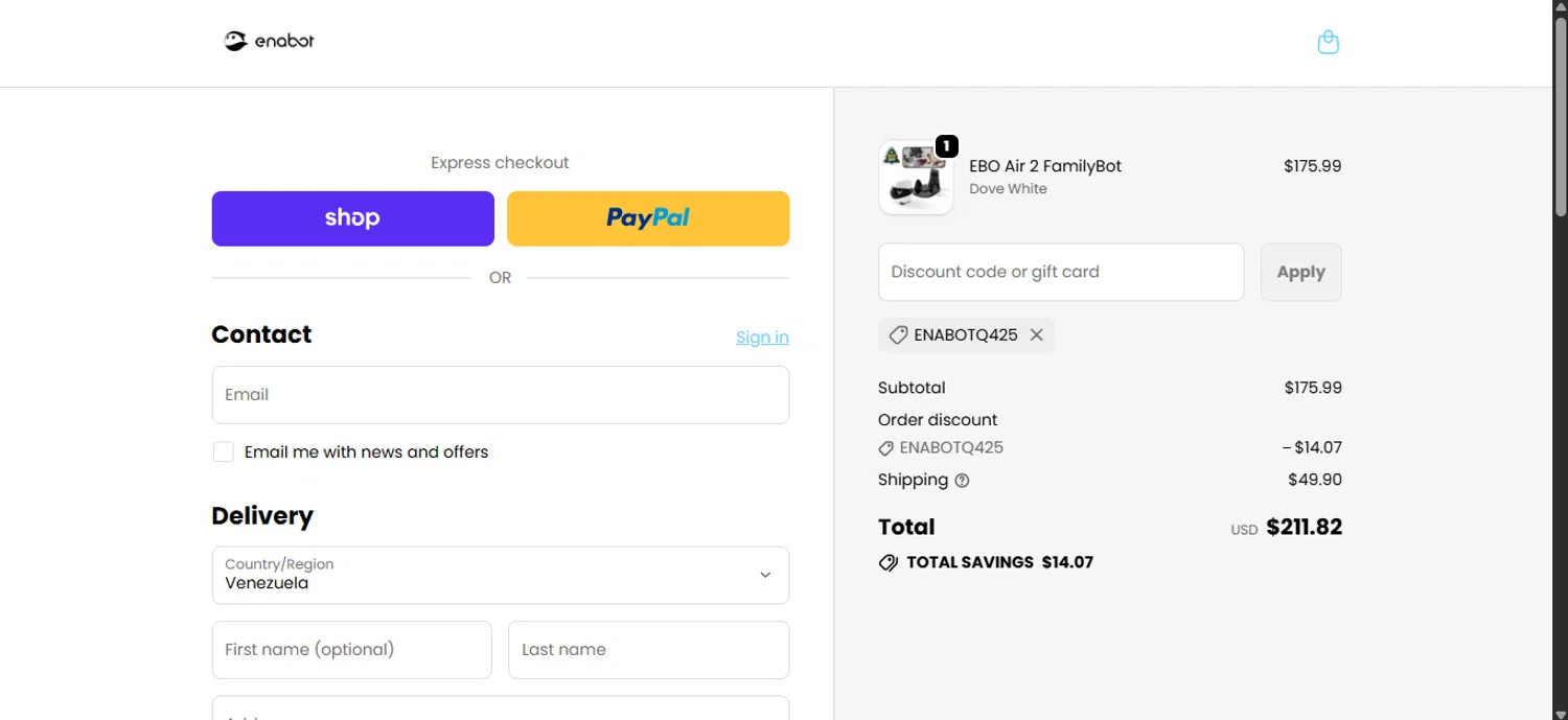 Enabot coupon code screenshot showing code ENABOTQ425 applied at Enabot checkout page. Uploaded by SimplyCodes community member ______________ on Dec 23, 2025