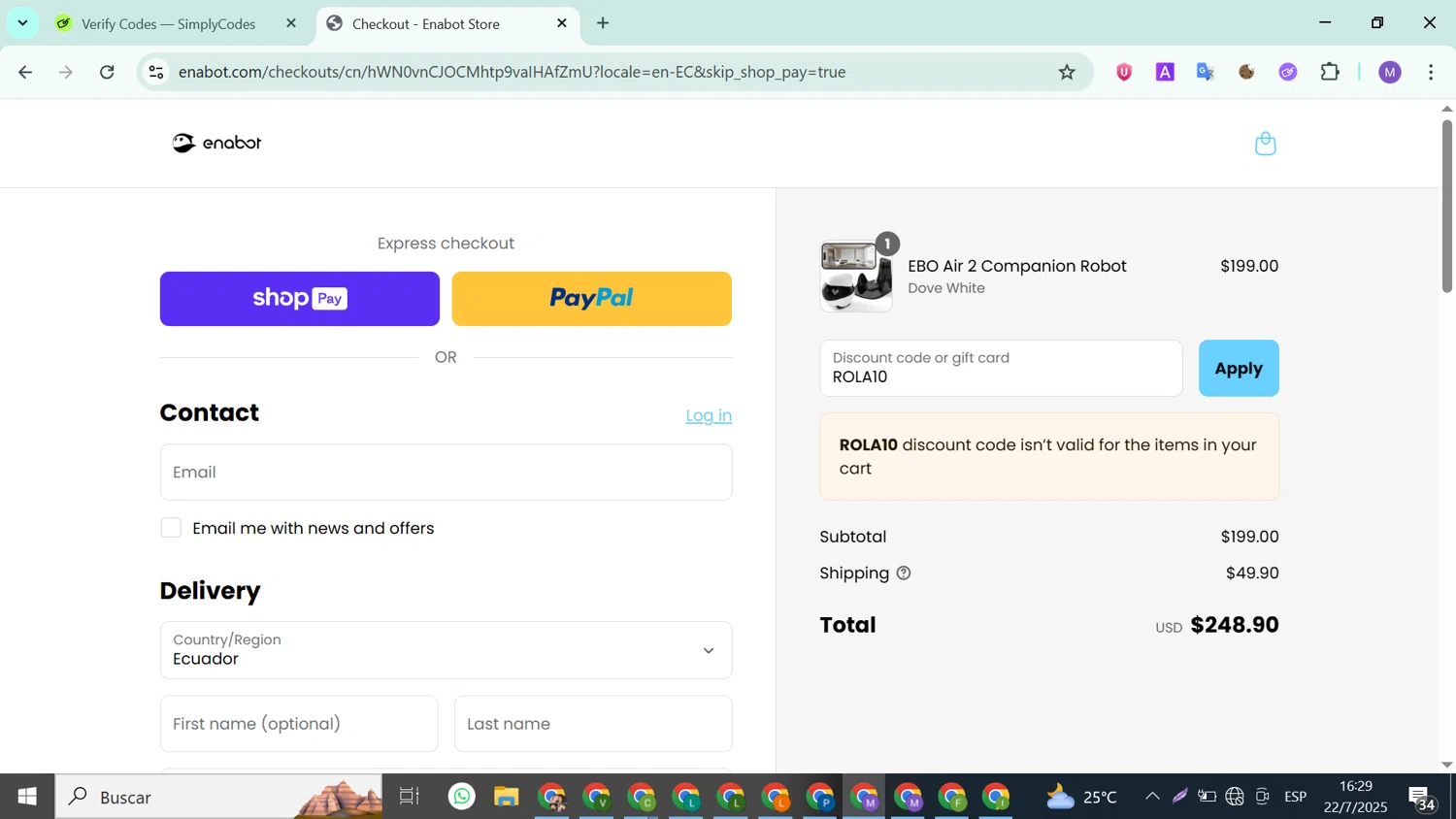 Enabot coupon code screenshot showing code ROLA10 applied at Enabot checkout page. Uploaded by SimplyCodes community member ValueLion1621 on Jul 22, 2025