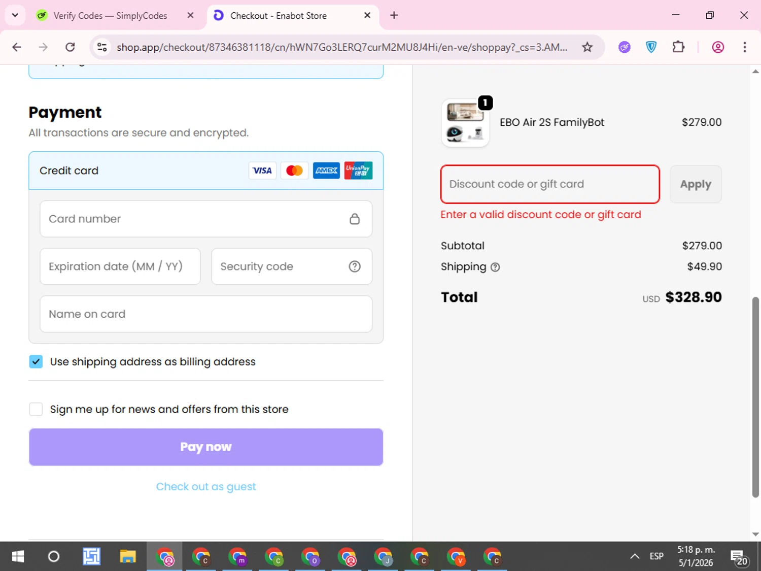 Enabot promo code screenshot showing code KYLIE10 applied at Enabot checkout page. Uploaded by SimplyCodes community member QuestCurator1644 on Jan 5, 2026