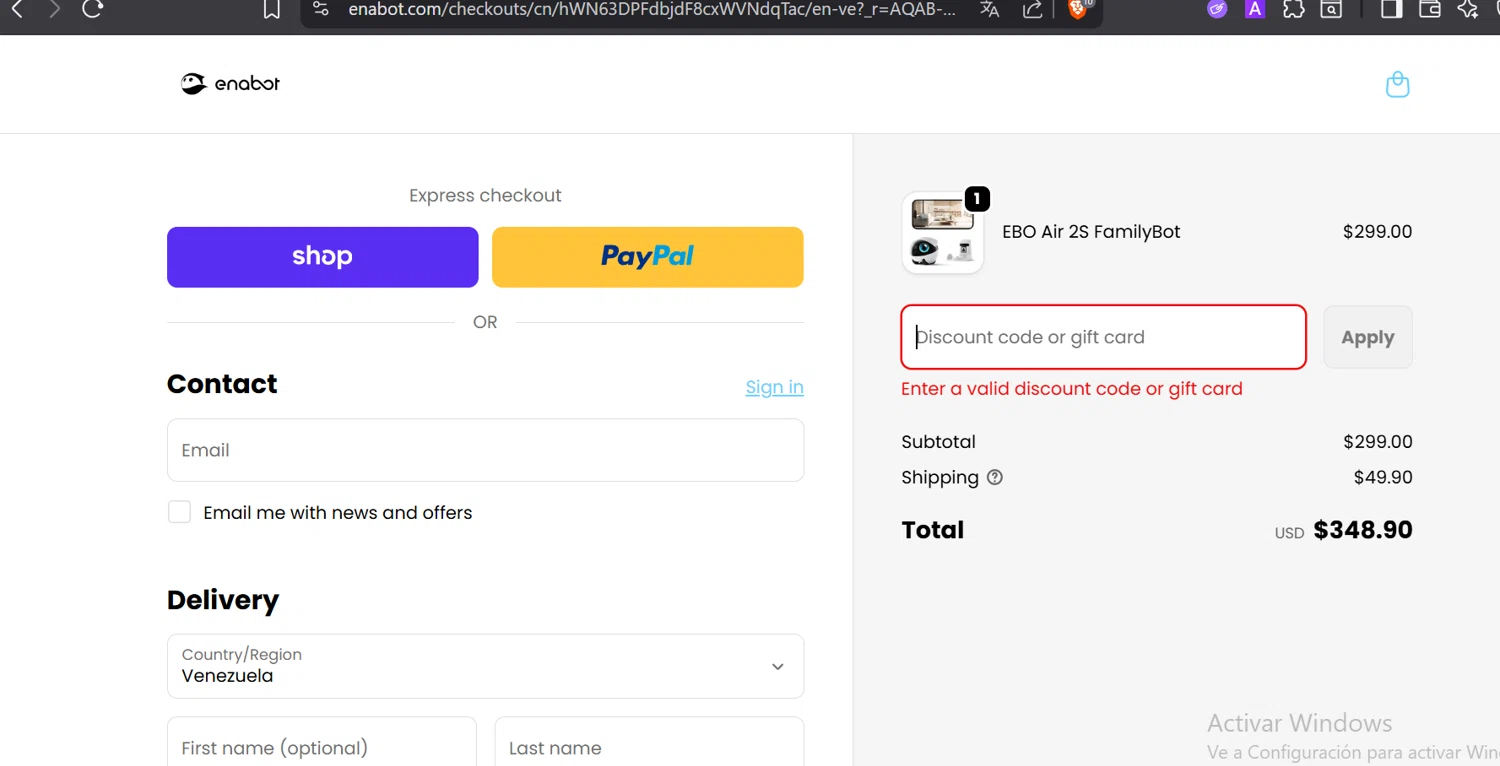 Enabot coupon code screenshot showing code ENABOTQ425 applied at Enabot checkout page. Uploaded by SimplyCodes community member DiaCritics on Dec 4, 2025