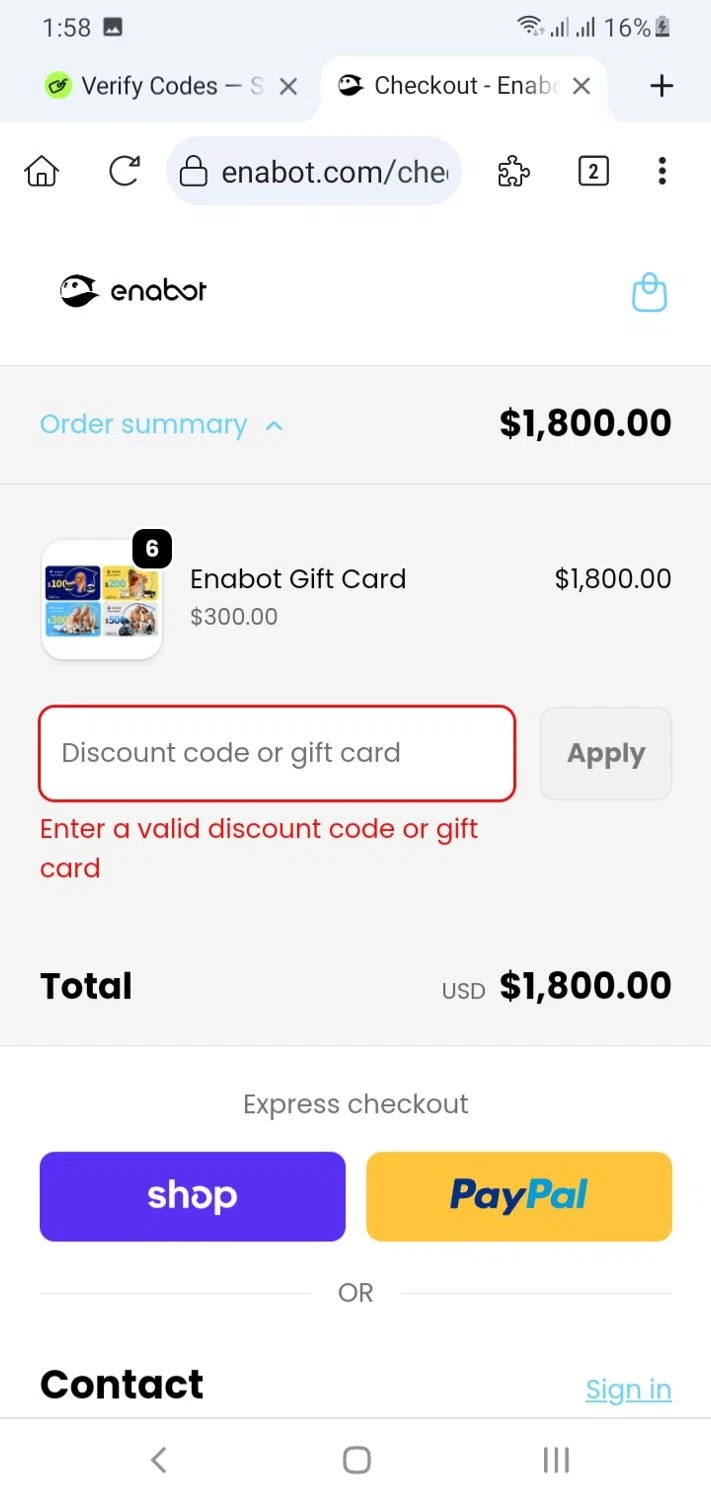 Enabot coupon code screenshot showing code ENABOTQ425 applied at Enabot checkout page. Uploaded by SimplyCodes community member menotychire on Dec 4, 2025