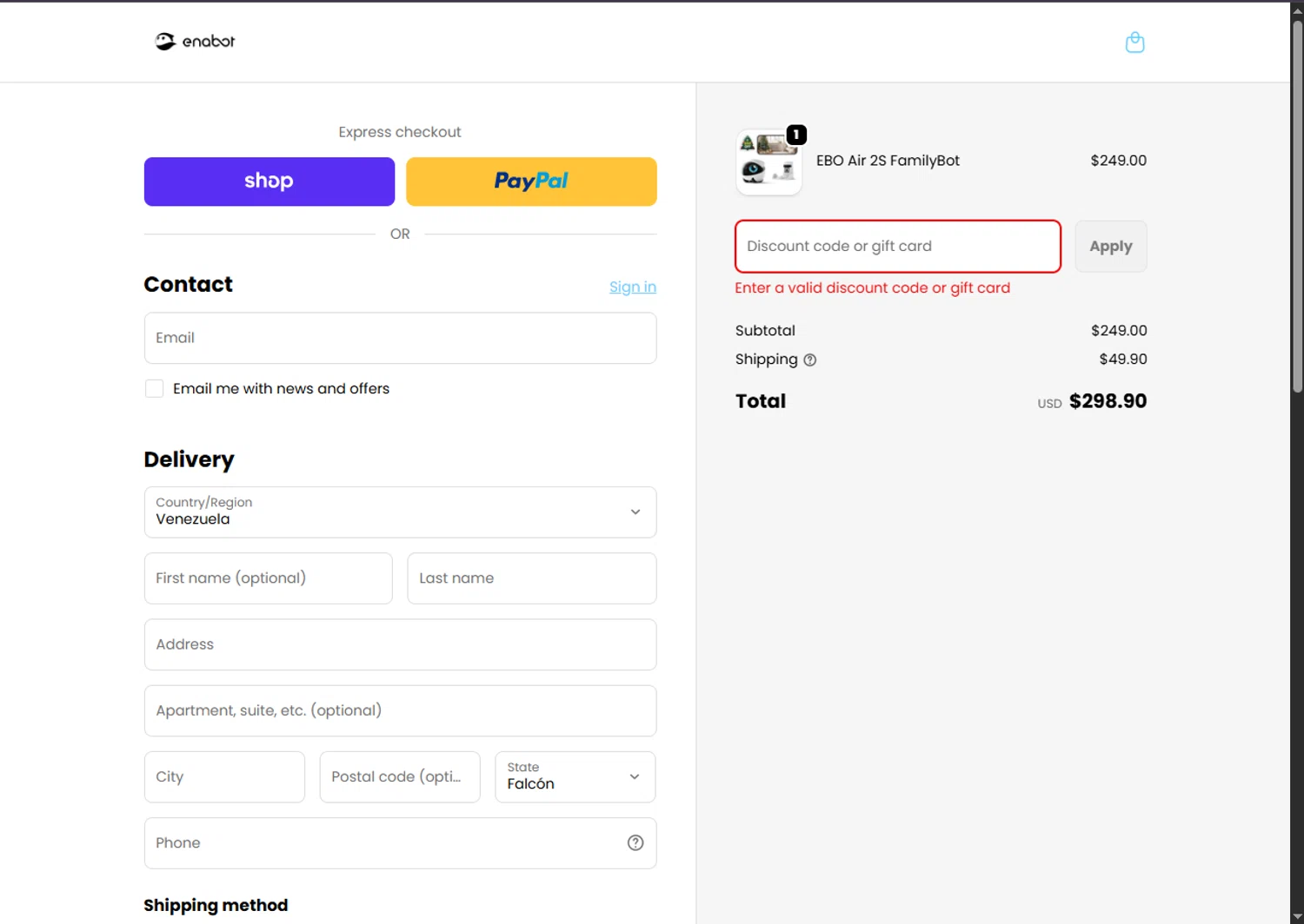 Enabot coupon code screenshot showing code WELCOME5 applied at Enabot checkout page. Uploaded by SimplyCodes community member SalePhoenix2220 on Dec 10, 2025