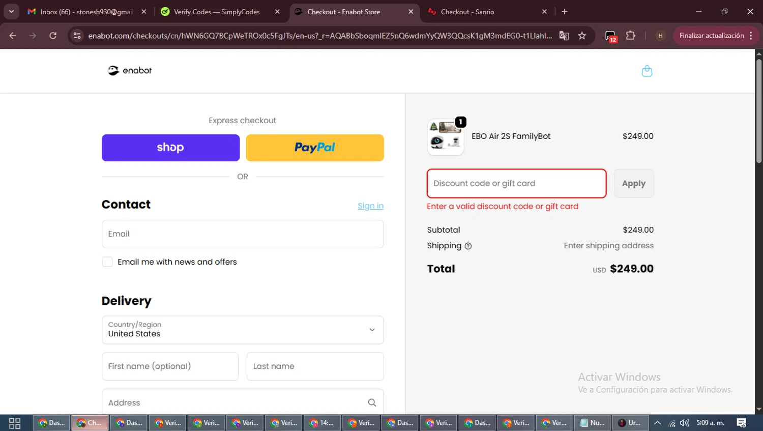 Enabot coupon code screenshot showing code WELCOME5 applied at Enabot checkout page. Uploaded by SimplyCodes community member VictoriousPioneer8823 on Dec 10, 2025