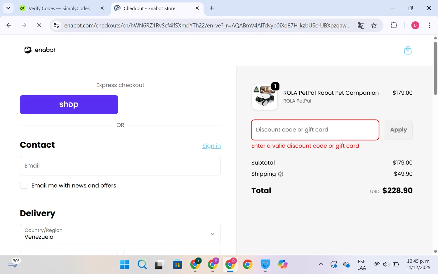 Enabot coupon code screenshot showing code XMASRP50 applied at Enabot checkout page. Uploaded by SimplyCodes community member LuckyHero4650 on Dec 15, 2025