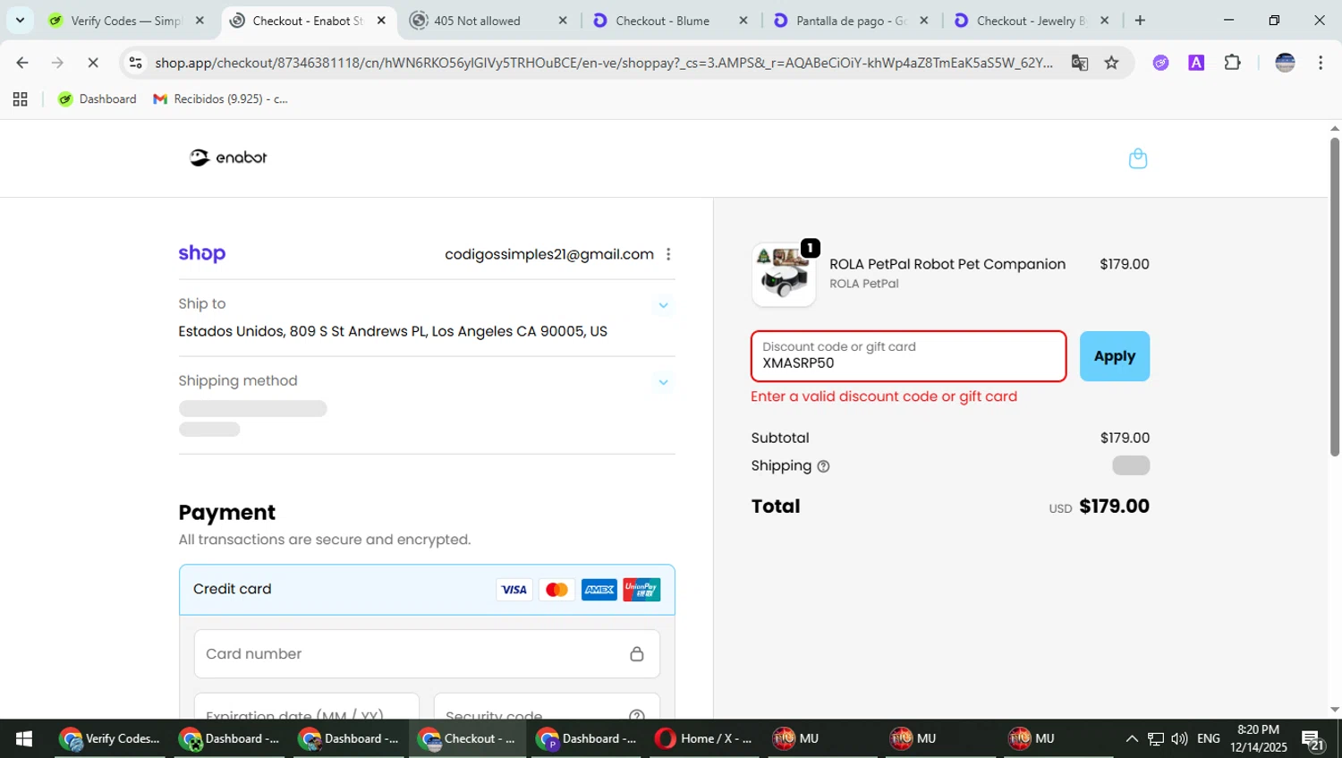 Enabot coupon code screenshot showing code XMASRP50 applied at Enabot checkout page. Uploaded by SimplyCodes community member TrevorPhilips on Dec 15, 2025