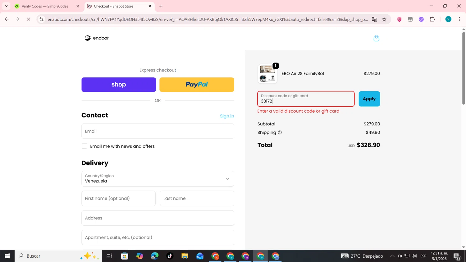 Enabot promo code screenshot showing code 33172 applied at Enabot checkout page. Uploaded by SimplyCodes community member lyffytaro on Jan 5, 2026