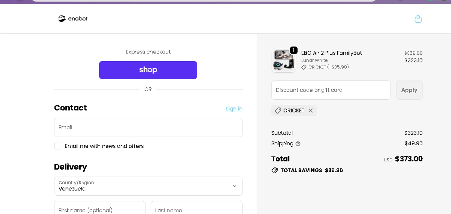 Enabot promo code screenshot showing code CRICKET applied at Enabot checkout page. Uploaded by SimplyCodes community member beatrizcastillo on May 4, 2026