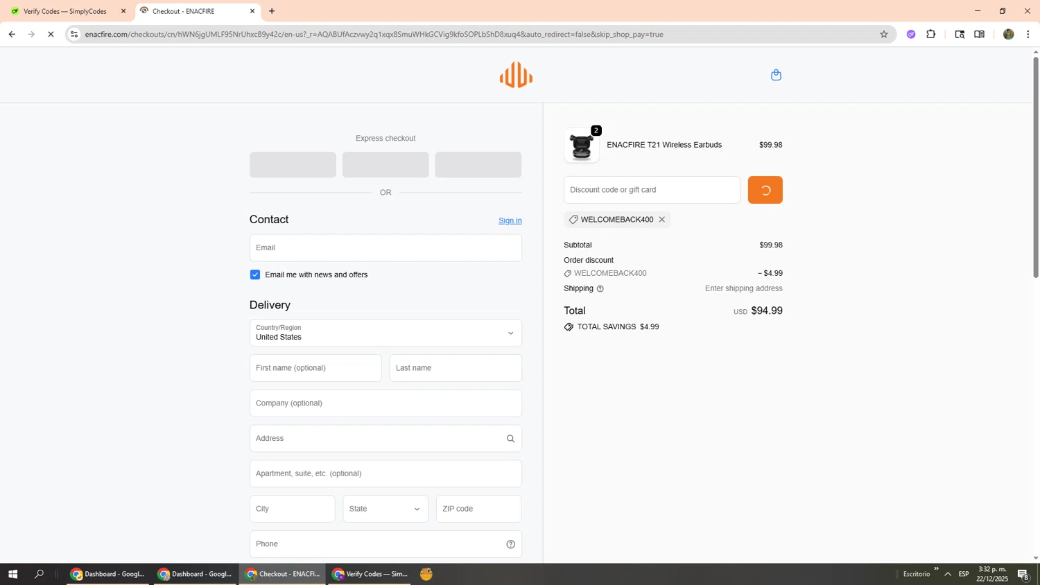 EnacFire promo code screenshot showing code WELCOMEBACK400 applied at EnacFire checkout page. Uploaded by SimplyCodes community member Phoenix585 on Dec 22, 2025