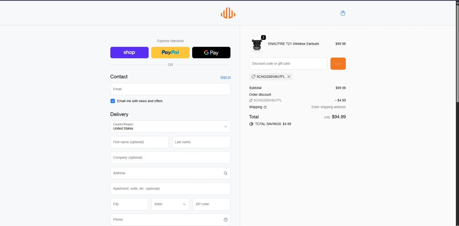 EnacFire promo code screenshot showing code 5CHGGS5V8U7FL applied at EnacFire checkout page. Uploaded by SimplyCodes community member GoldMonarch2173 on Dec 22, 2025