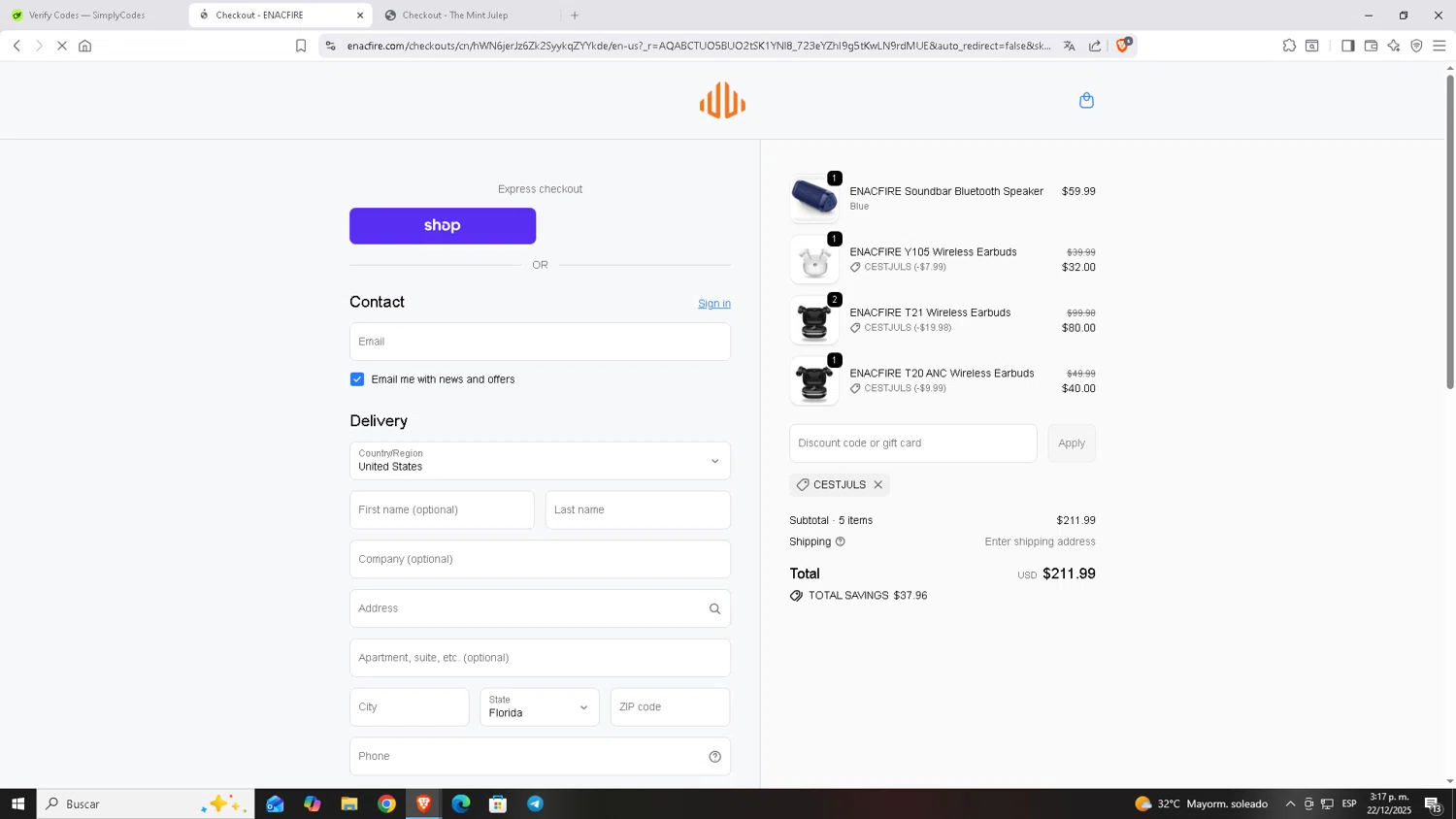 EnacFire promo code screenshot showing code CESTJULS applied at EnacFire checkout page. Uploaded by SimplyCodes community member Carloscoder_900457733 on Dec 22, 2025