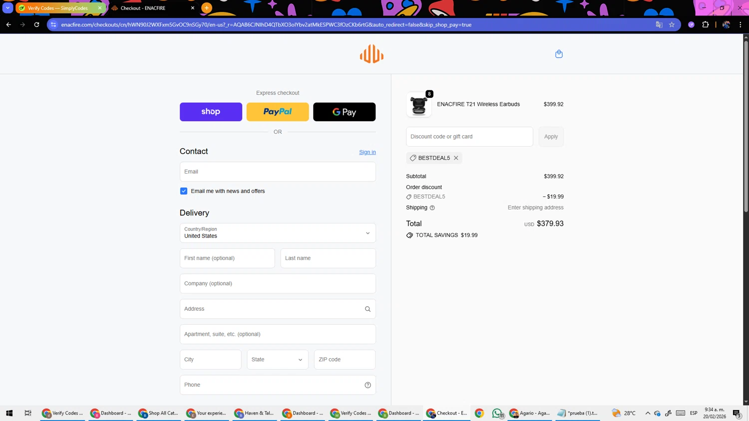 EnacFire promo code screenshot showing code BESTDEAL5 applied at EnacFire checkout page. Uploaded by SimplyCodes community member TokenSleuth5758 on Feb 20, 2026