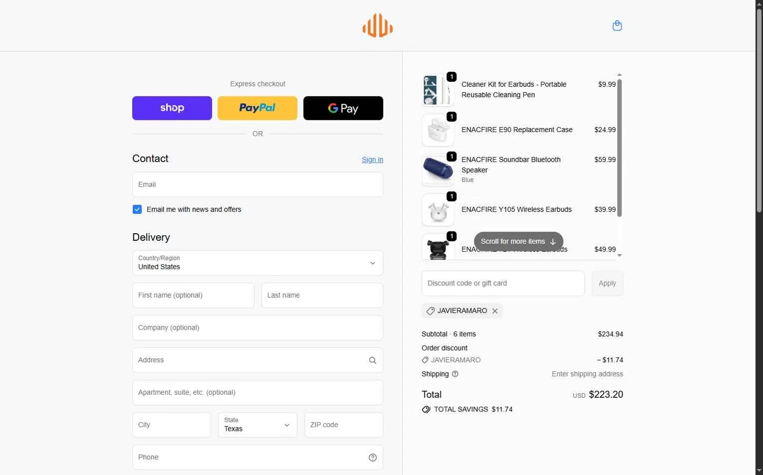 EnacFire promo code screenshot showing code Javieramaro applied at EnacFire checkout page. Uploaded by SimplyCodes community member MrWolf on Dec 22, 2025