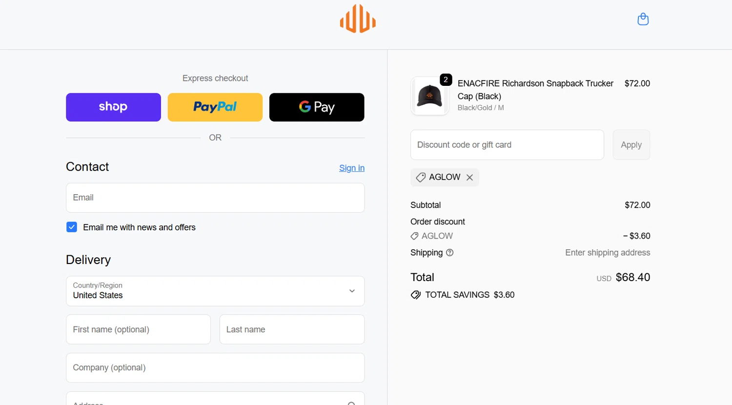 EnacFire promo code screenshot showing code AGLOW applied at EnacFire checkout page. Uploaded by SimplyCodes community member SwiftSpotter945 on Feb 1, 2026