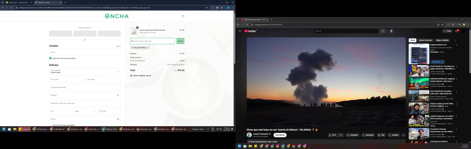Encha promo code screenshot showing code Wellwomen20 applied at Encha checkout page. Uploaded by SimplyCodes community member BargainGuardian280 on Apr 23, 2025