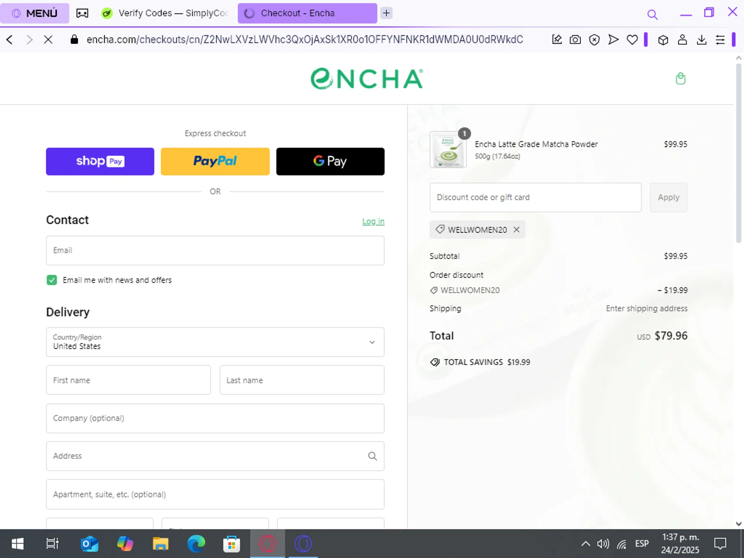 Encha promo code screenshot showing code Wellwomen20 applied at Encha checkout page. Uploaded by SimplyCodes community member gladyslopeeez on Feb 24, 2025