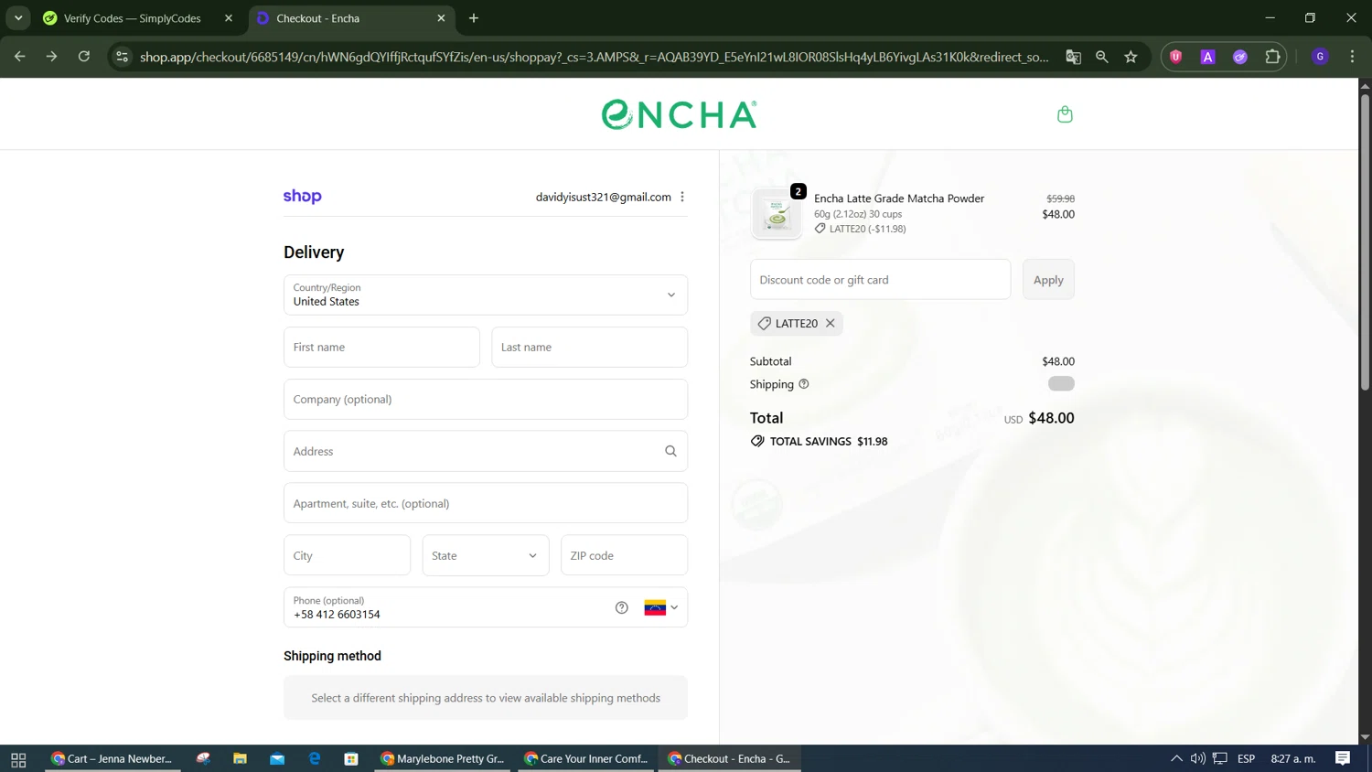 Encha checkout page showing Encha promo code box | Screenshot taken by SimplyCodes community member on Dec 21, 2025