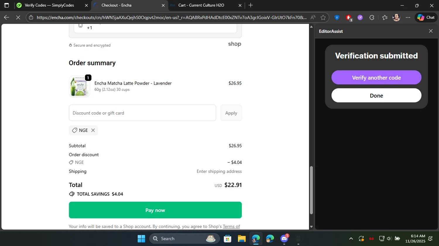 Encha promo code screenshot showing code NGE applied at Encha checkout page. Uploaded by SimplyCodes community member Blackleg_Sanji on Nov 26, 2025