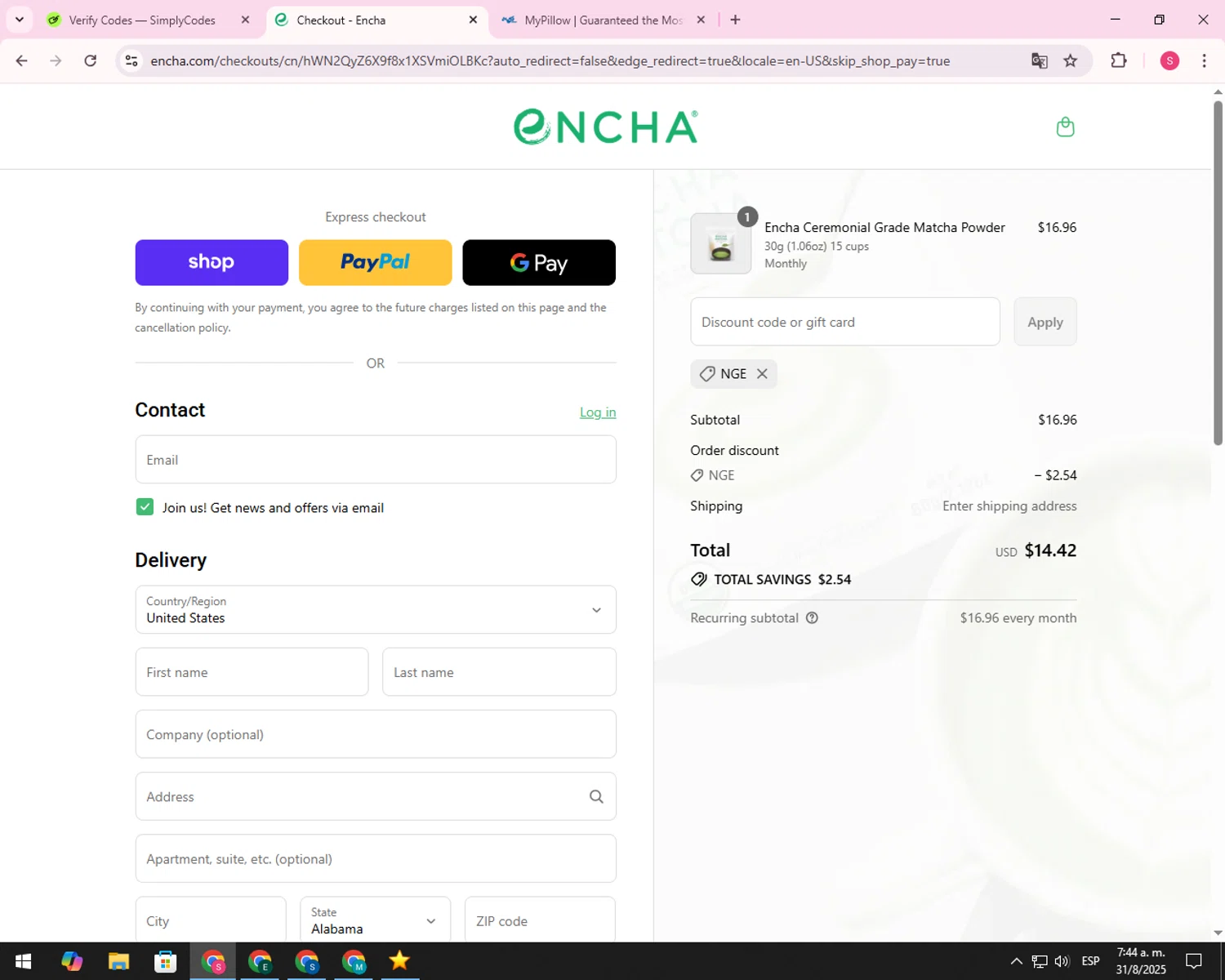 Encha promo code screenshot showing code NGE applied at Encha checkout page. Uploaded by SimplyCodes community member 00000056 on Aug 31, 2025