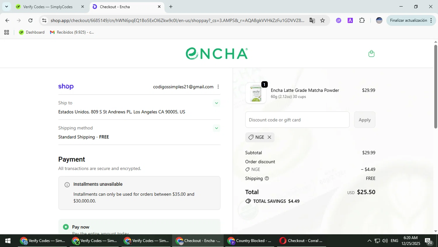 Encha promo code screenshot showing code NGE applied at Encha checkout page. Uploaded by SimplyCodes community member Typhlosion on Dec 25, 2025