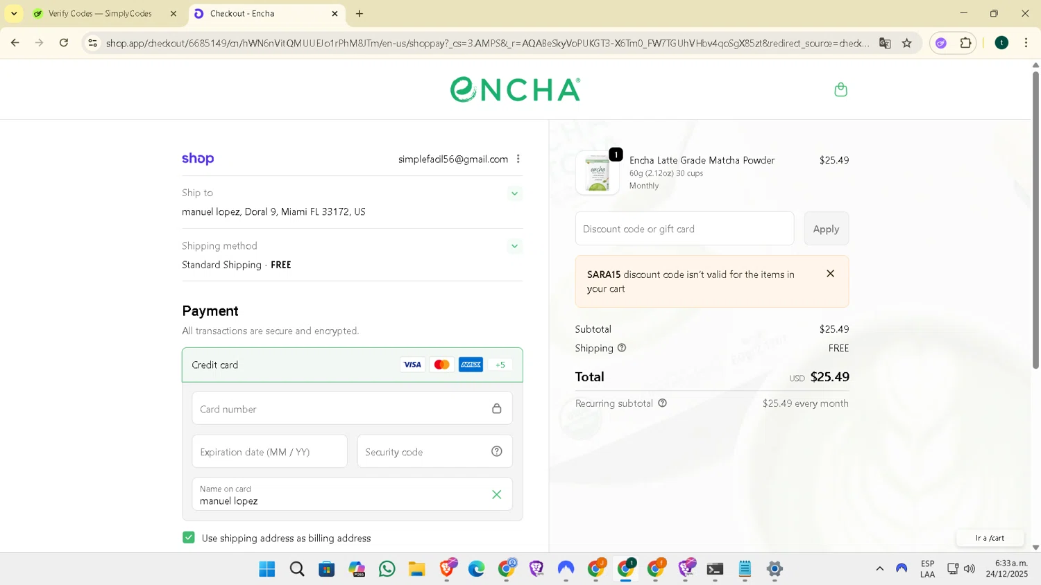 Encha checkout page showing Encha promo code box | Screenshot taken by SimplyCodes community member on Dec 24, 2025