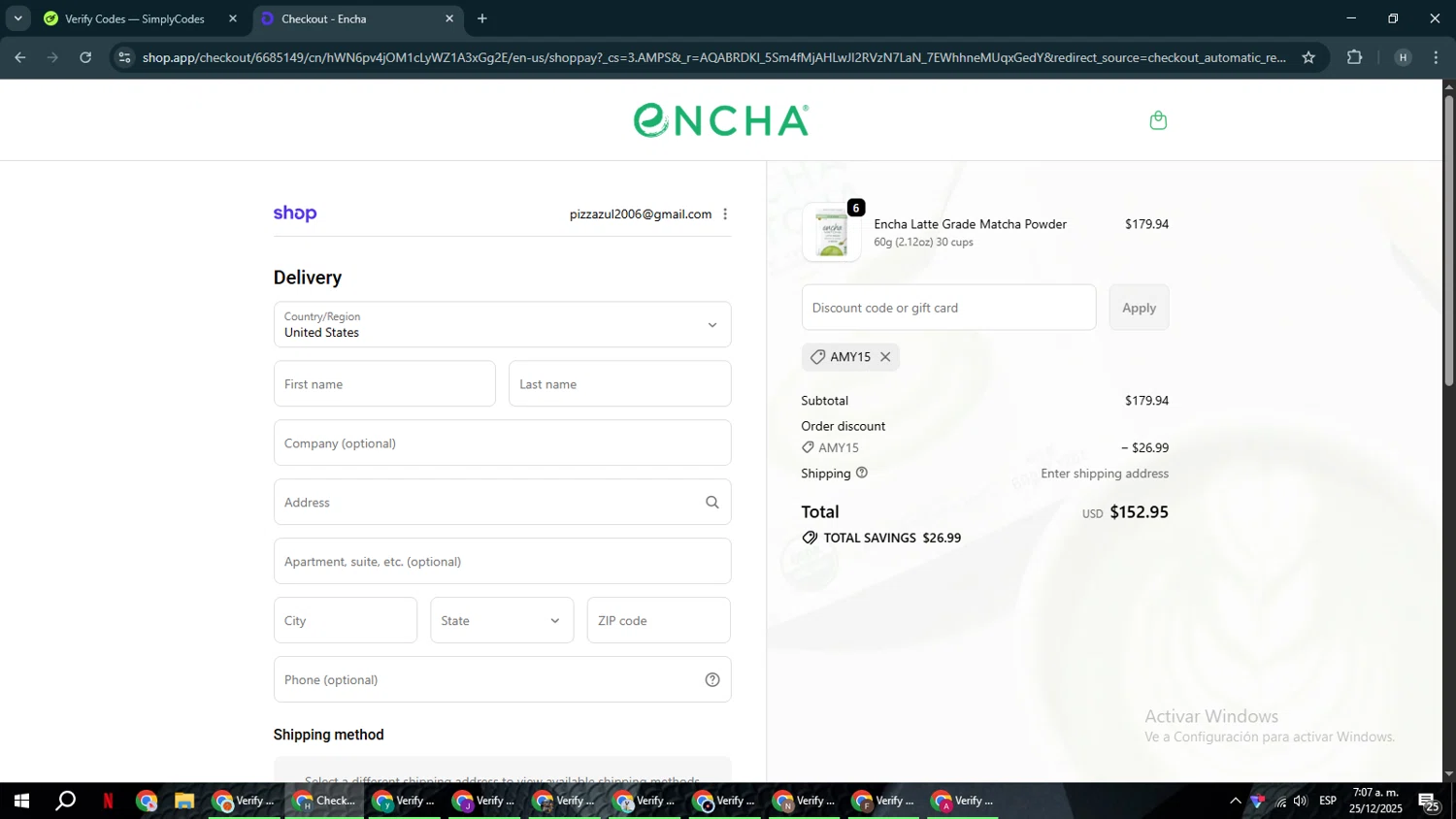 Encha promo code screenshot showing code AMY15 applied at Encha checkout page. Uploaded by SimplyCodes community member YAMAHA on Dec 25, 2025