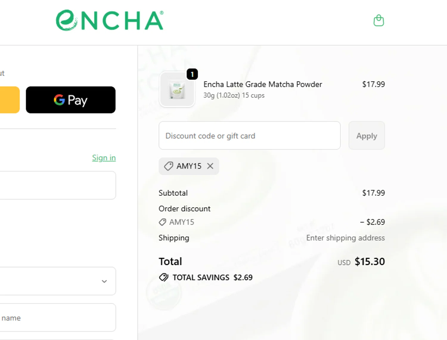 Encha promo code screenshot showing code AMY15 applied at Encha checkout page. Uploaded by SimplyCodes community member Mileidy on Nov 26, 2025