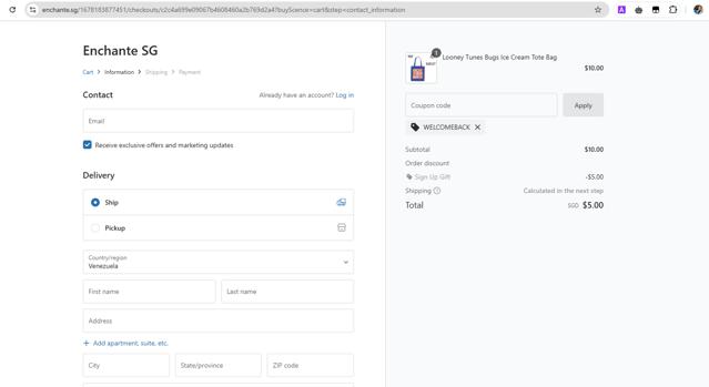 Enchanté checkout page showing Enchanté promo code box | Screenshot taken by SimplyCodes community member on May 14, 2025
