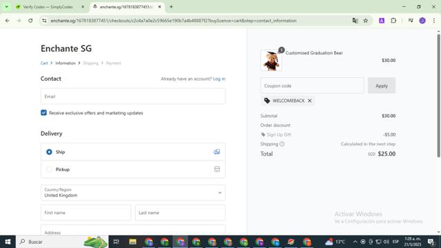 Enchanté checkout page showing Enchanté promo code box | Screenshot taken by SimplyCodes community member on May 21, 2025