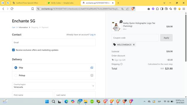 Enchanté checkout page showing Enchanté promo code box | Screenshot taken by SimplyCodes community member on Apr 30, 2025