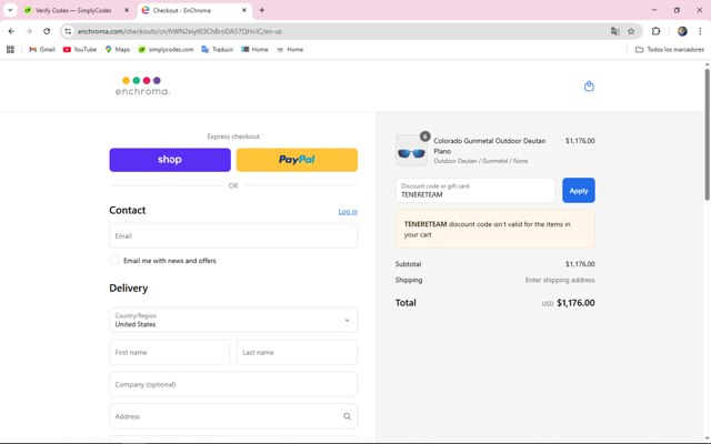 EnChroma checkout page showing EnChroma discount code box | Screenshot taken by SimplyCodes community member on Sep 6, 2025