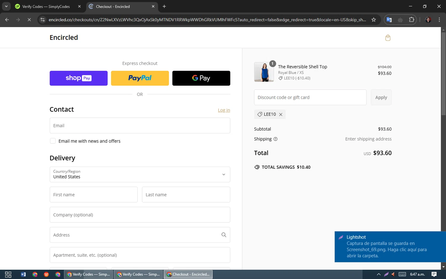 Encircled promo code screenshot showing code LEE10 applied at Encircled checkout page. Uploaded by SimplyCodes community member oooooi on Feb 14, 2025