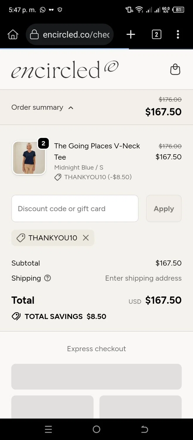 Encircled promo code screenshot showing code THANKYOU10 applied at Encircled checkout page. Uploaded by SimplyCodes community member CleverSleuth6613 on Oct 26, 2025