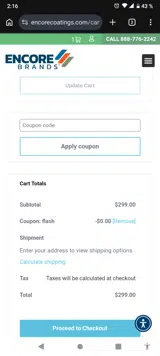 Encore Coatings coupon verification screenshot