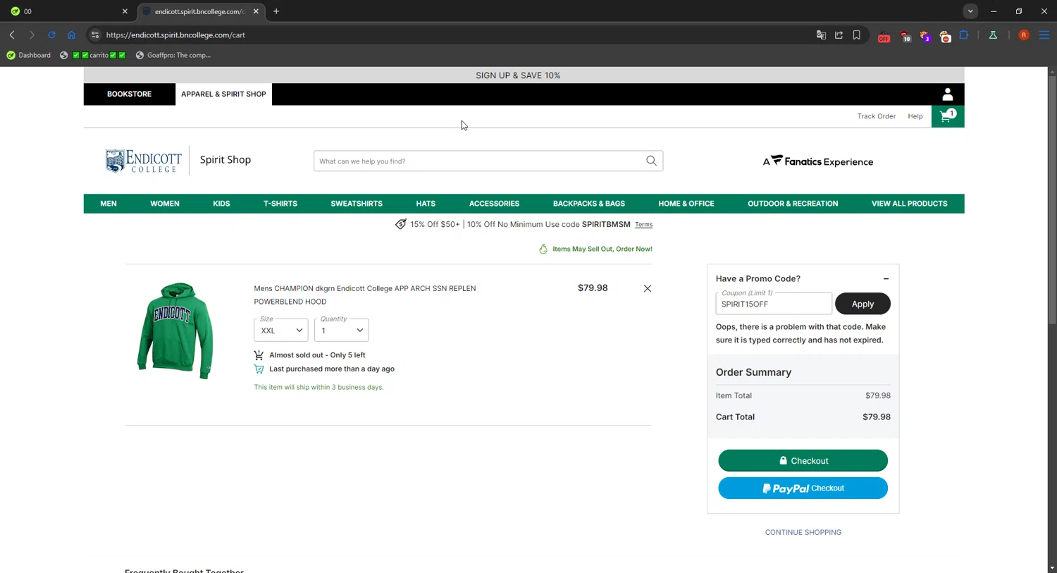Endicott College promo code screenshot showing code SPIRIT15OFF applied at Endicott College checkout page. Uploaded by SimplyCodes community member RebateCaptain6918 on Nov 4, 2025