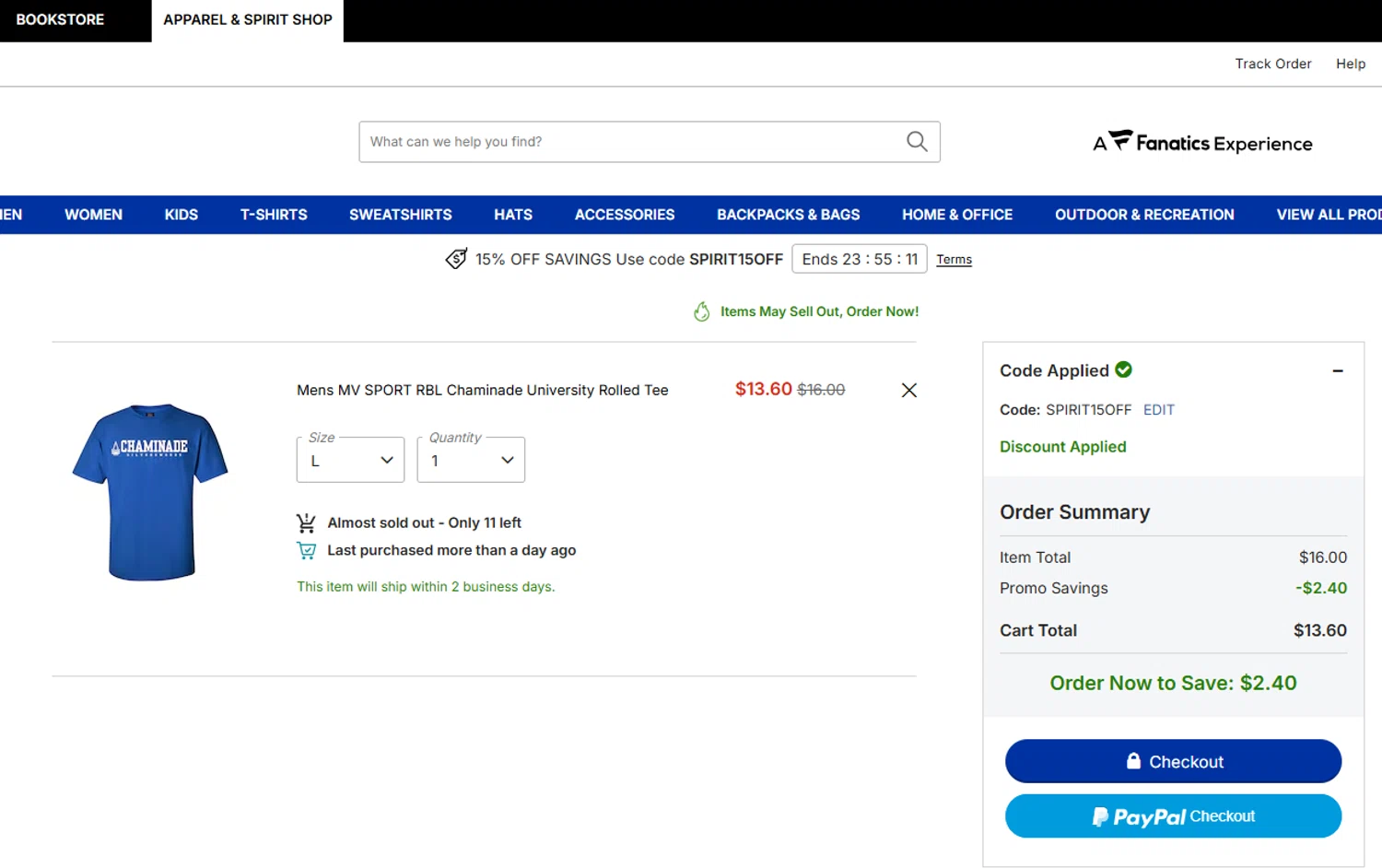 Endicott College promo code screenshot showing code SPIRIT15OFF applied at Endicott College checkout page. Uploaded by SimplyCodes community member Dulce__ on Feb 9, 2026