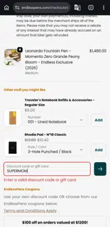EndlessPens coupon verification screenshot