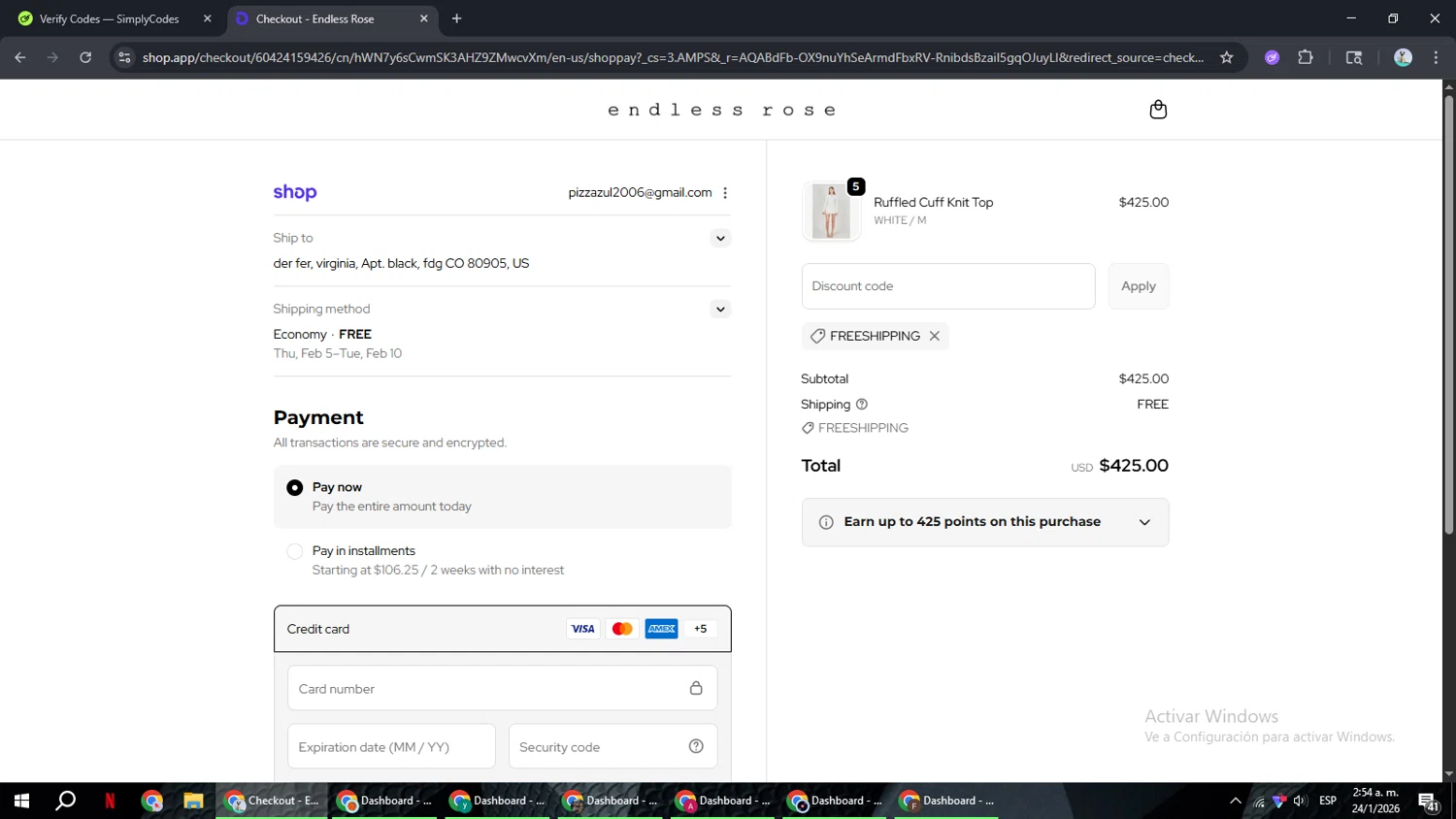 Endless Rose promo code screenshot showing code FREESHIPPING applied at Endless Rose checkout page. Uploaded by SimplyCodes community member ShrewdSeeker6165 on Jan 24, 2026