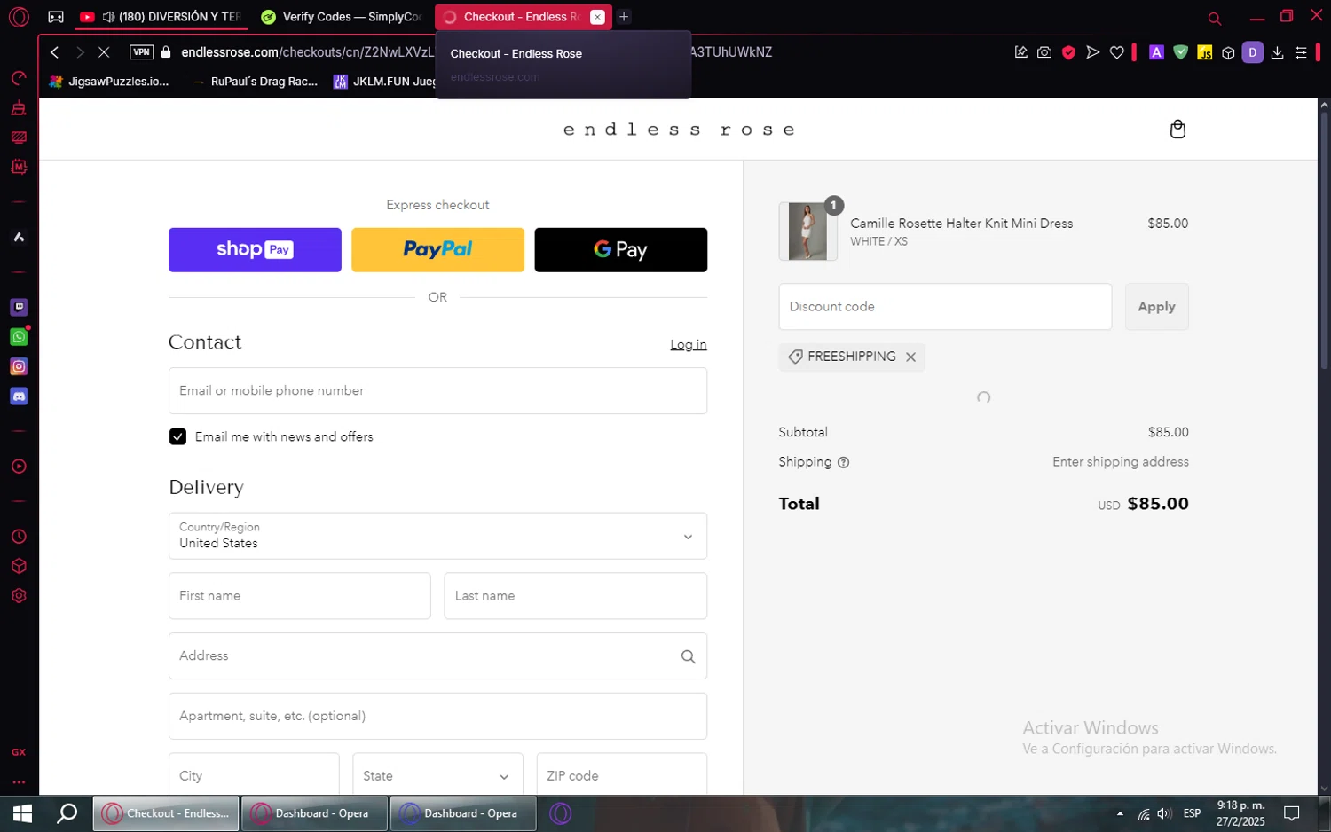 Endless Rose promo code screenshot showing code FREESHIPPING applied at Endless Rose checkout page. Uploaded by SimplyCodes community member WalterWhite on Feb 28, 2025
