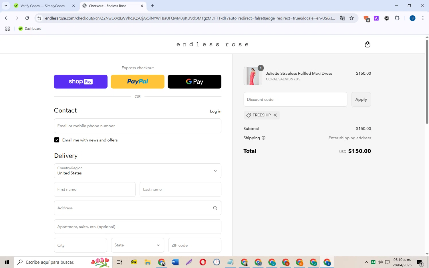Endless Rose promo code screenshot showing code FREESHIP applied at Endless Rose checkout page. Uploaded by SimplyCodes community member CleverOwl2485 on Apr 28, 2025