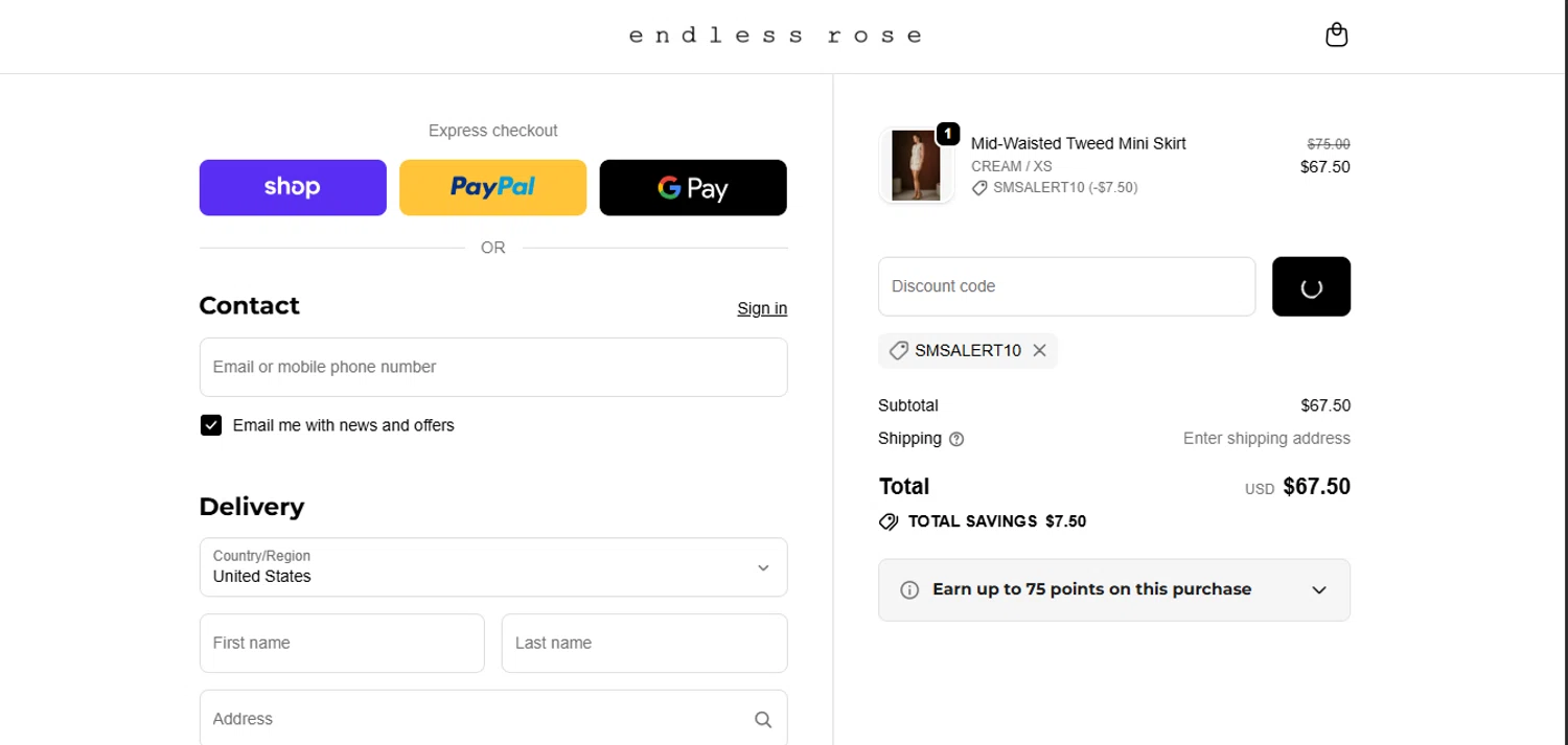 Endless Rose promo code screenshot showing code SMSALERT10 applied at Endless Rose checkout page. Uploaded by SimplyCodes community member juanisaac on Nov 18, 2025