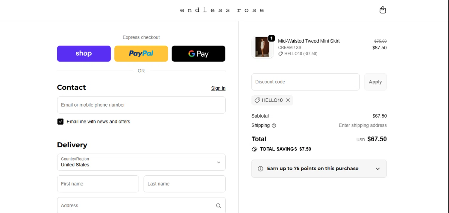 Endless Rose promo code screenshot showing code HELLO10 applied at Endless Rose checkout page. Uploaded by SimplyCodes community member juanisaac on Nov 18, 2025